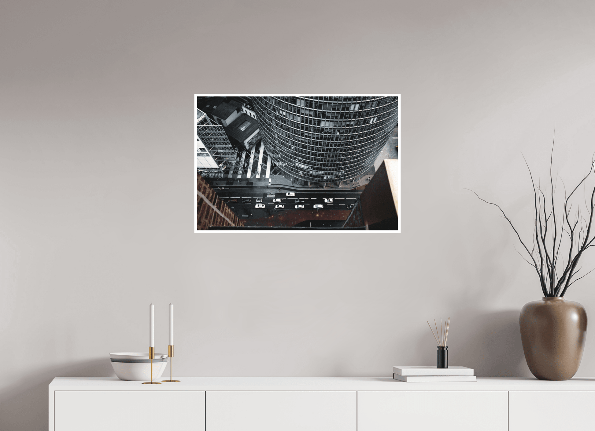 FineArt Print an der Wand in Berlin: Blick vom Kollhoff-Tower in die Häuserschlucht am Potsdamer Platz, 75×50 cm auf Hahnemühle Photo Rag